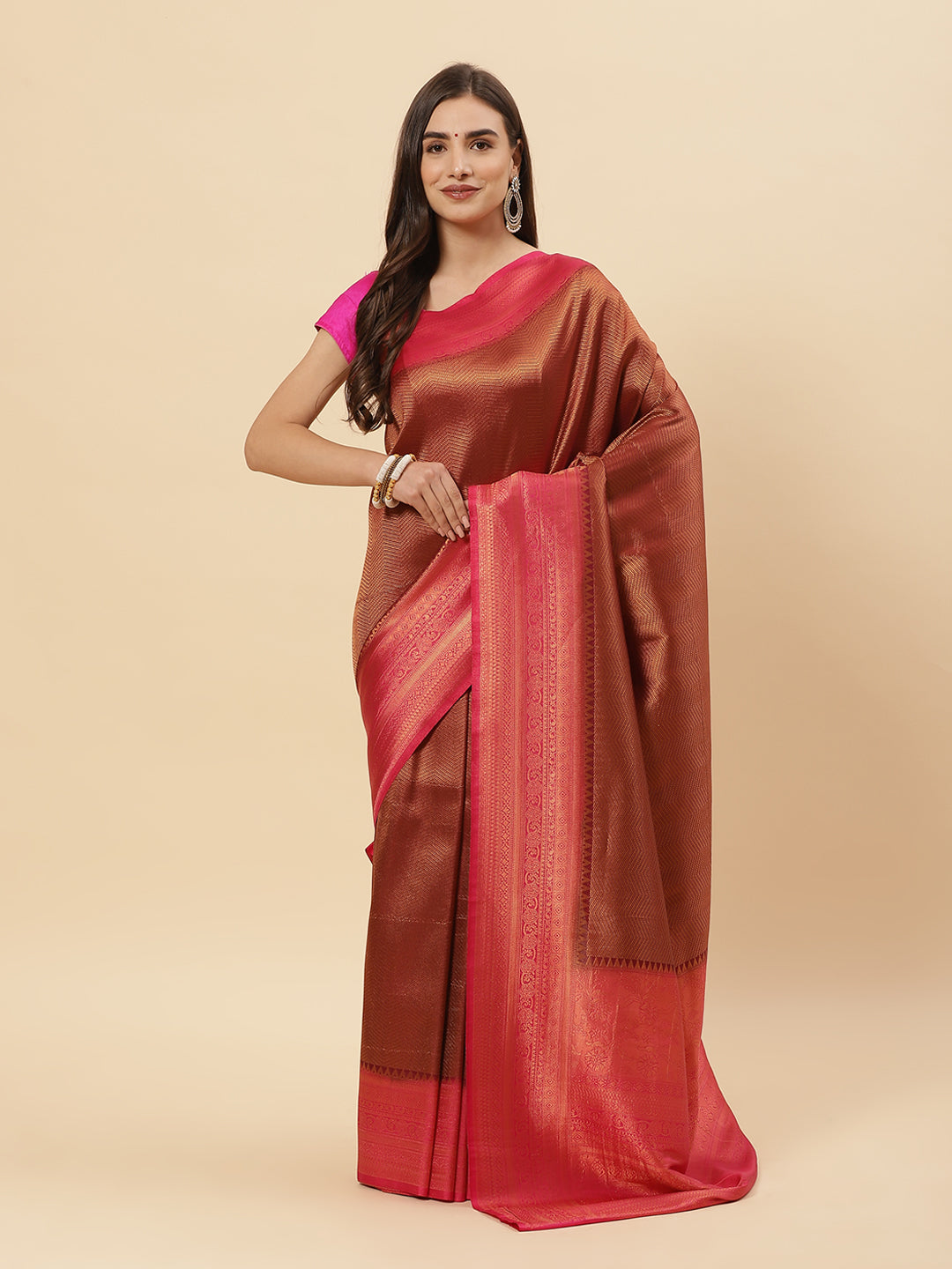 Brocade Zari Jaal  Art Handloom Saree With Contrast Blouse