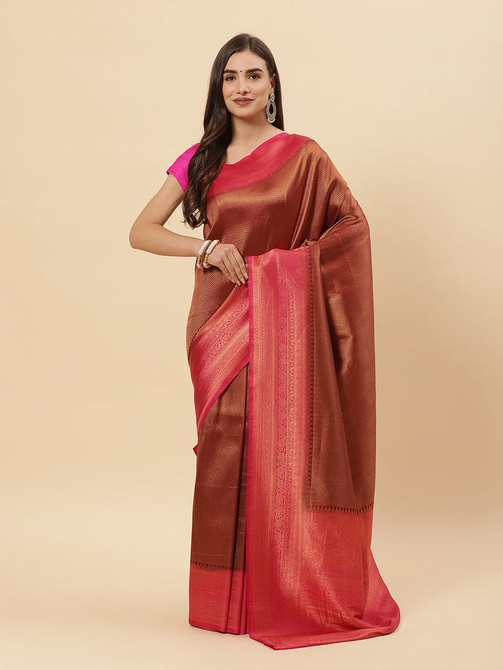 Brocade Zari Jaal  Art Handloom Saree With Contrast Blouse