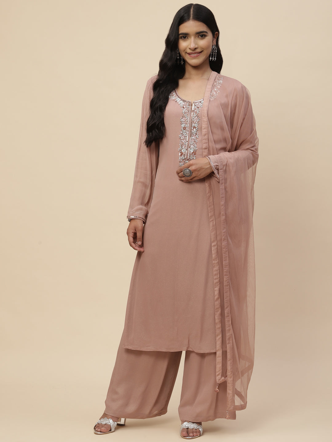 Stone Work Georgette Kurta With Pants &amp; Dupatta