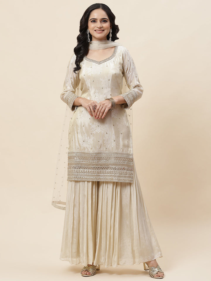 Sequin Embroidered Crepe Kurta With Garara &amp; Dupatta