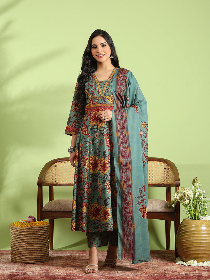 Printed Cotton Kurta With Pant &amp; Dupatta