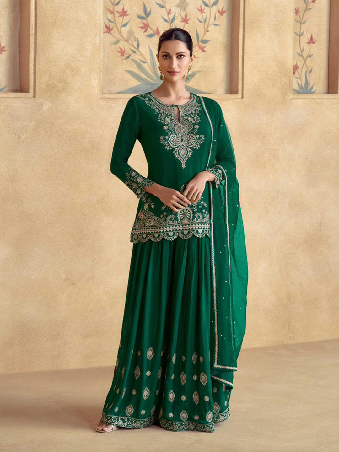 Embroidered Chinon Silk Kurti With Plazzo &amp; Dupatta