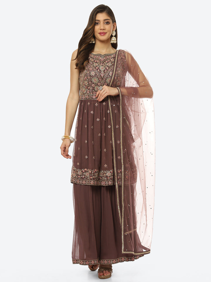 Embroidered Art Georgette Kurti With Sharara And Net Dupatta