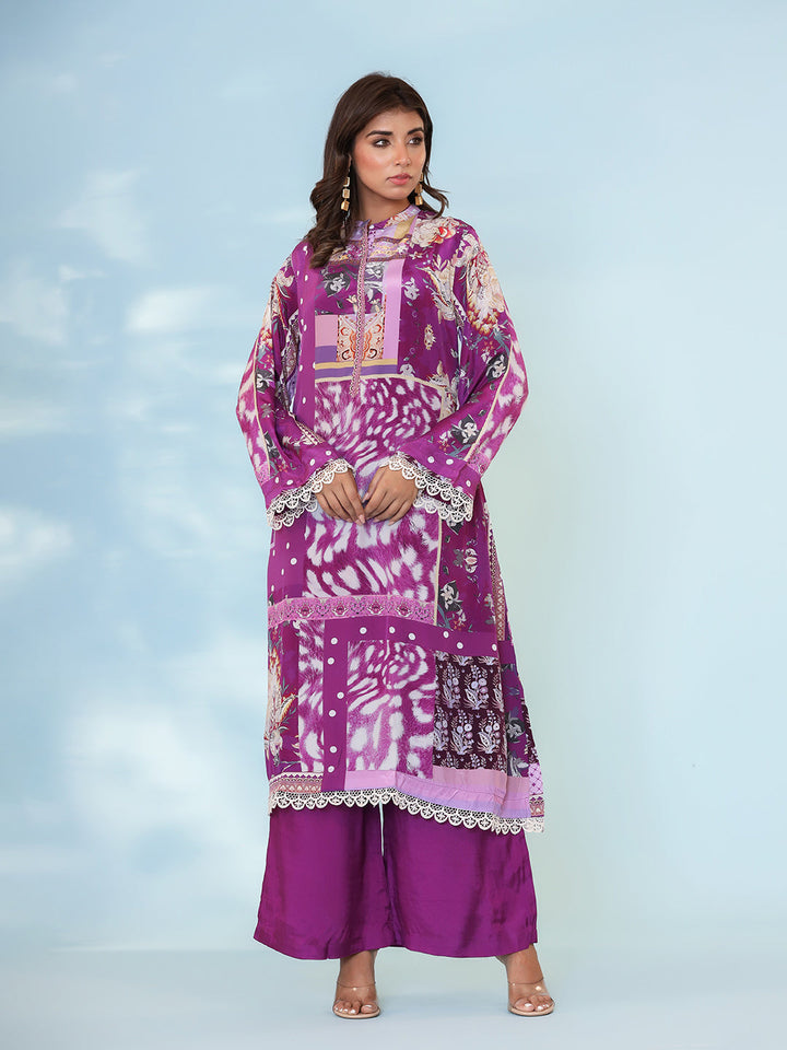 Purple Cotton Blend Printed Straight Suit Set