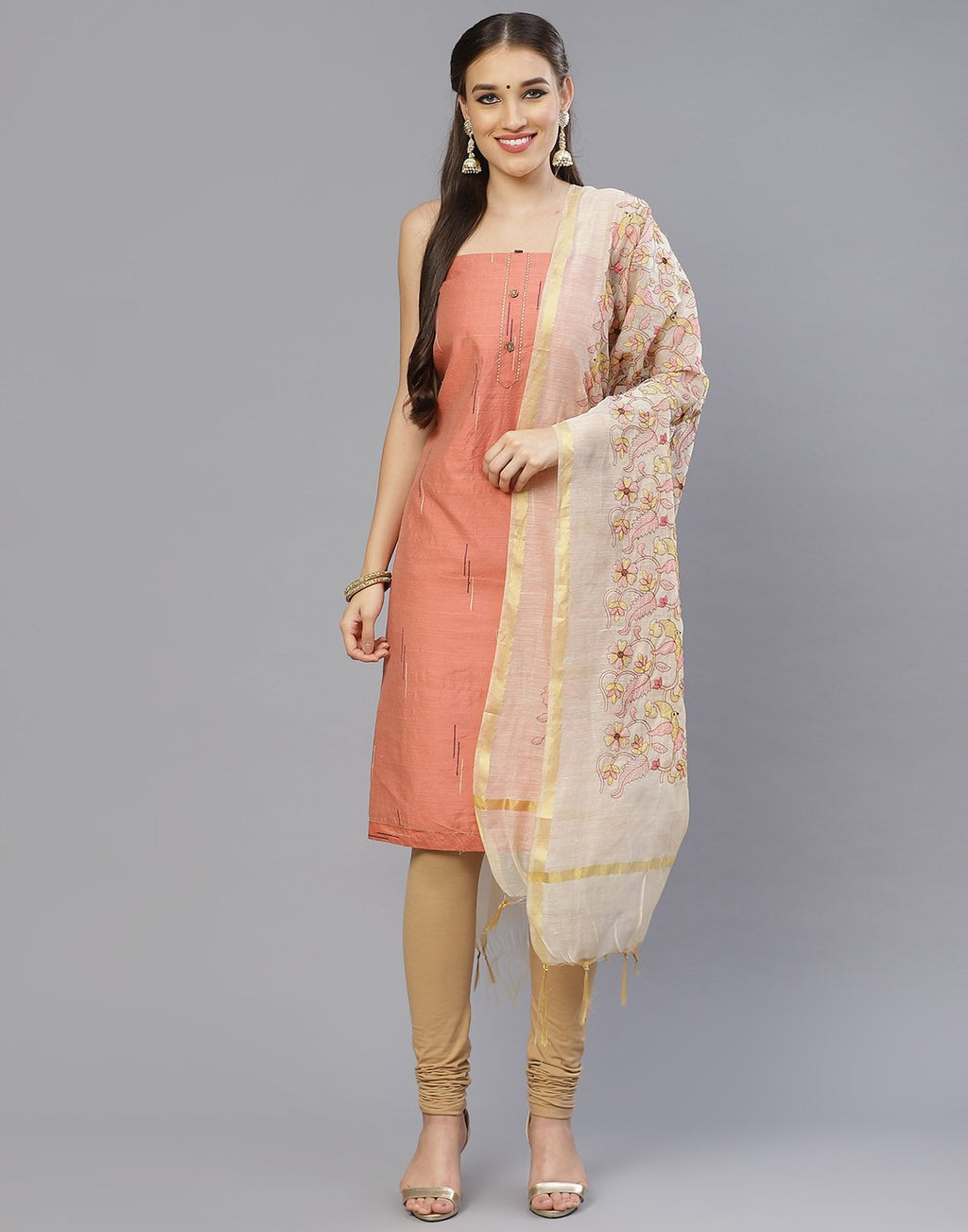 Chanderi Embroidered Suit Piece with fancy dupatta