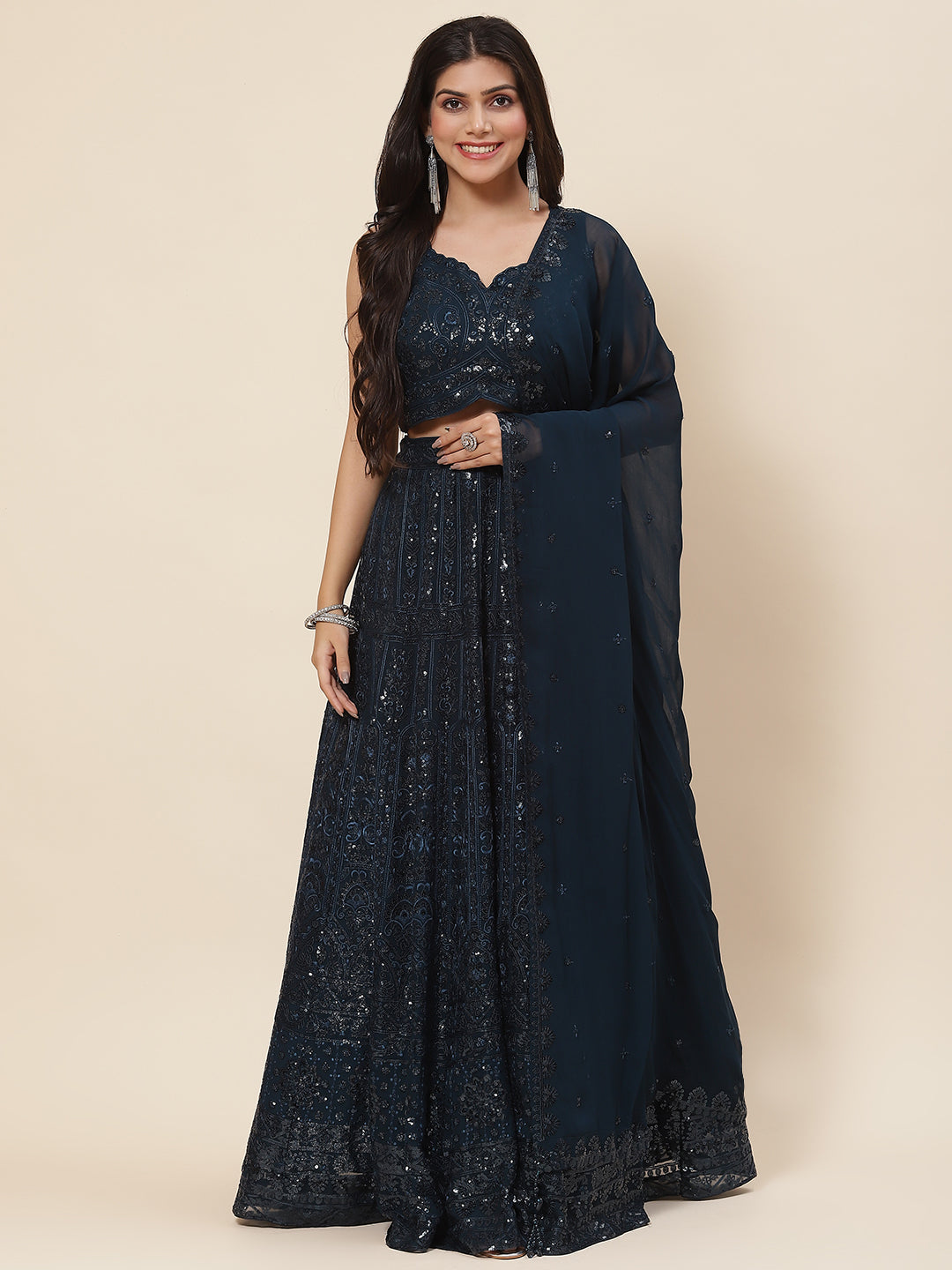 Sequin Embroidered Georgette Choli With Lehenga &amp; Dupatta