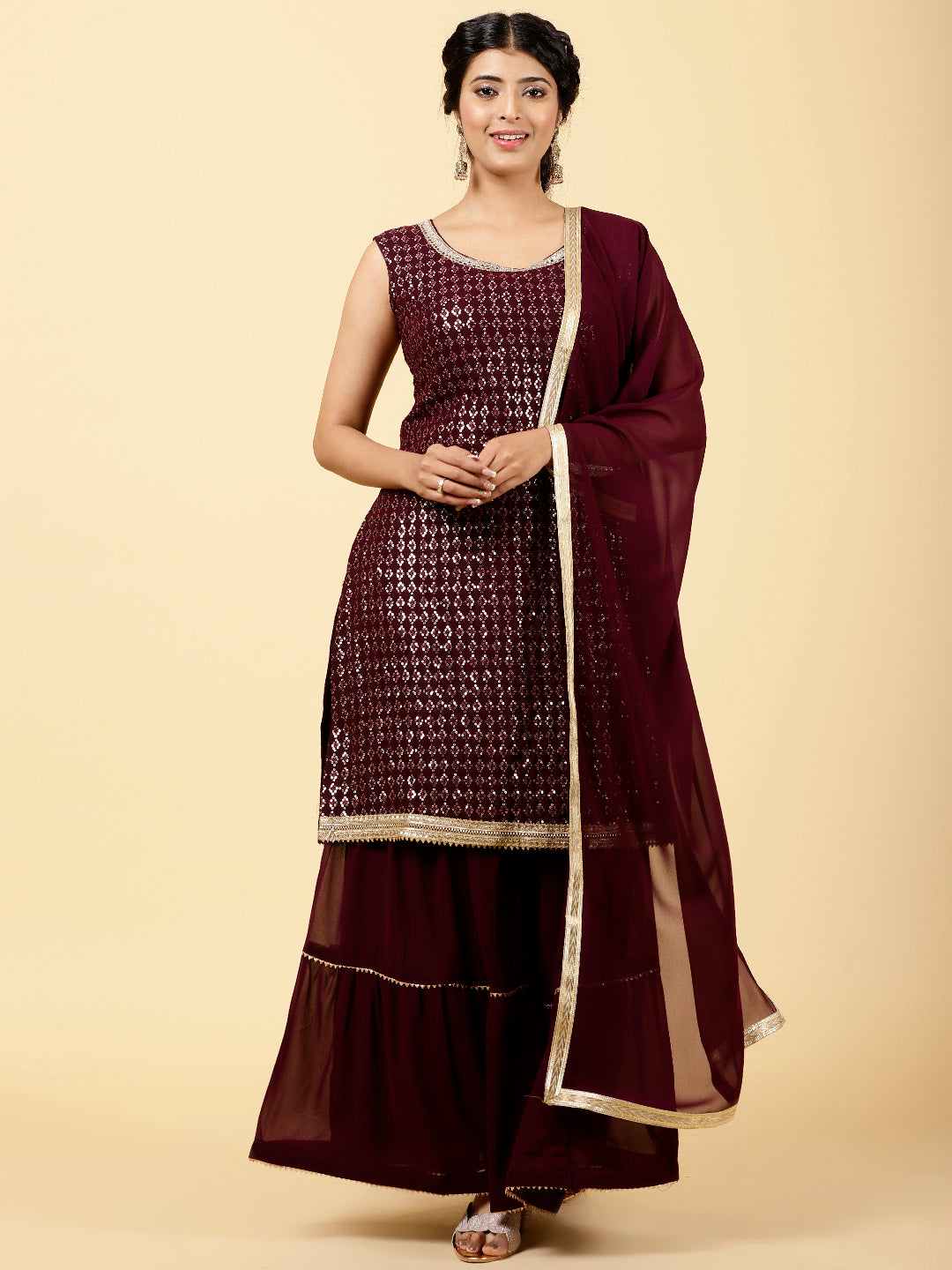 Sequin Embroidered Georgette Kurta With Garara &amp; Dupatta