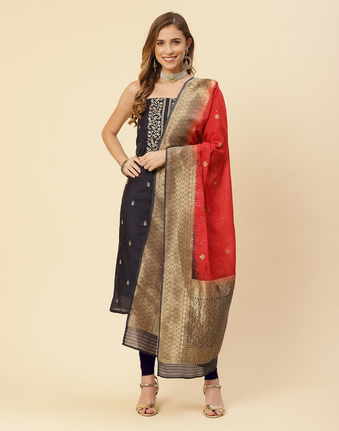 Embroidered Chanderi Suit Piece With Chanderi Banarasi Dupatta
