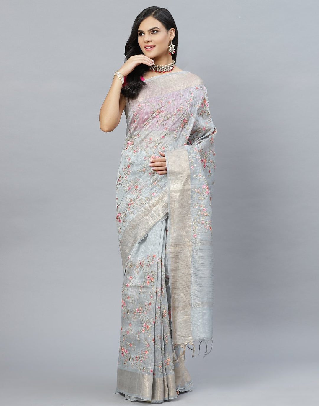 Cotton Linen Embroidery Saree