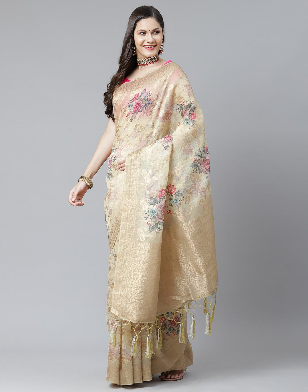 Floral Print Cotton Linen Saree