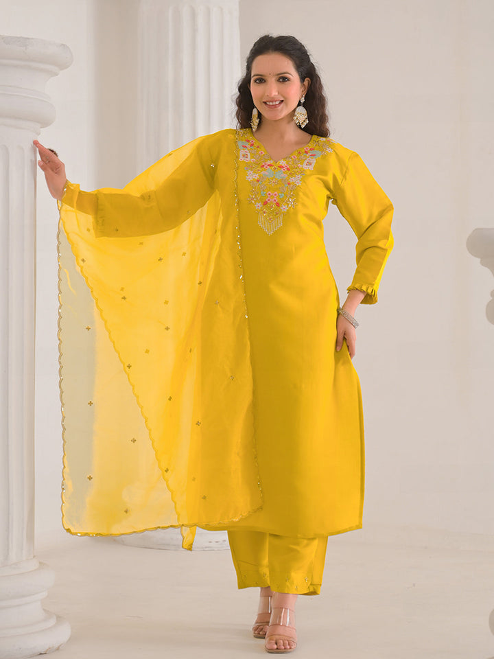 Neck Embroidery Cotton Blend Kurta With Pants &amp; Dupatta
