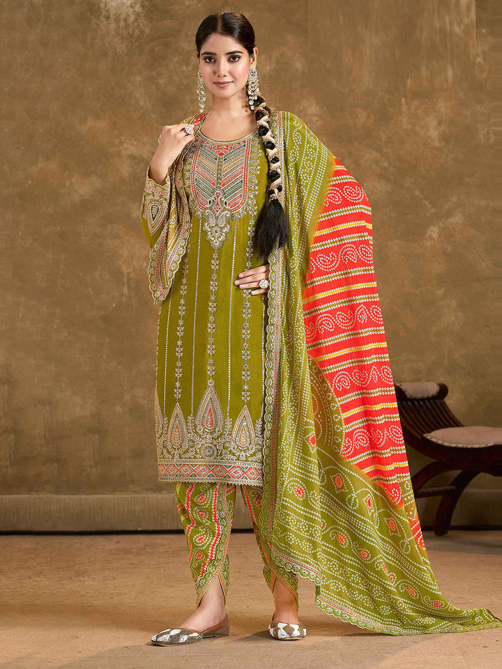 Embroidered Chinon Kurti With Patiala Salwar &amp; Dupatta