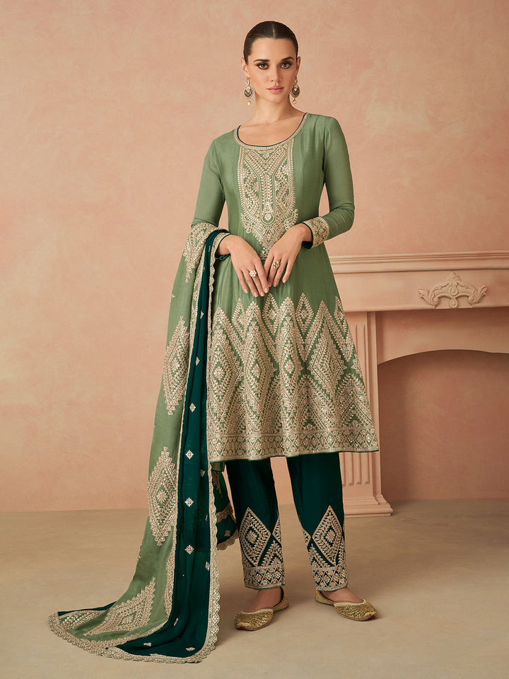 Embroidered Chinon Kurta With Pant &amp; Dupatta