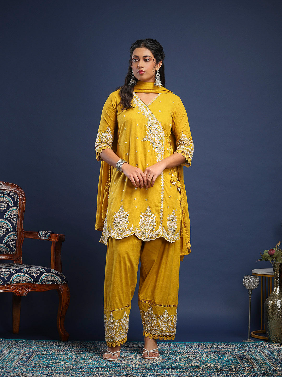 Embroidered Cotton Kurta With Pant &amp; Dupatta