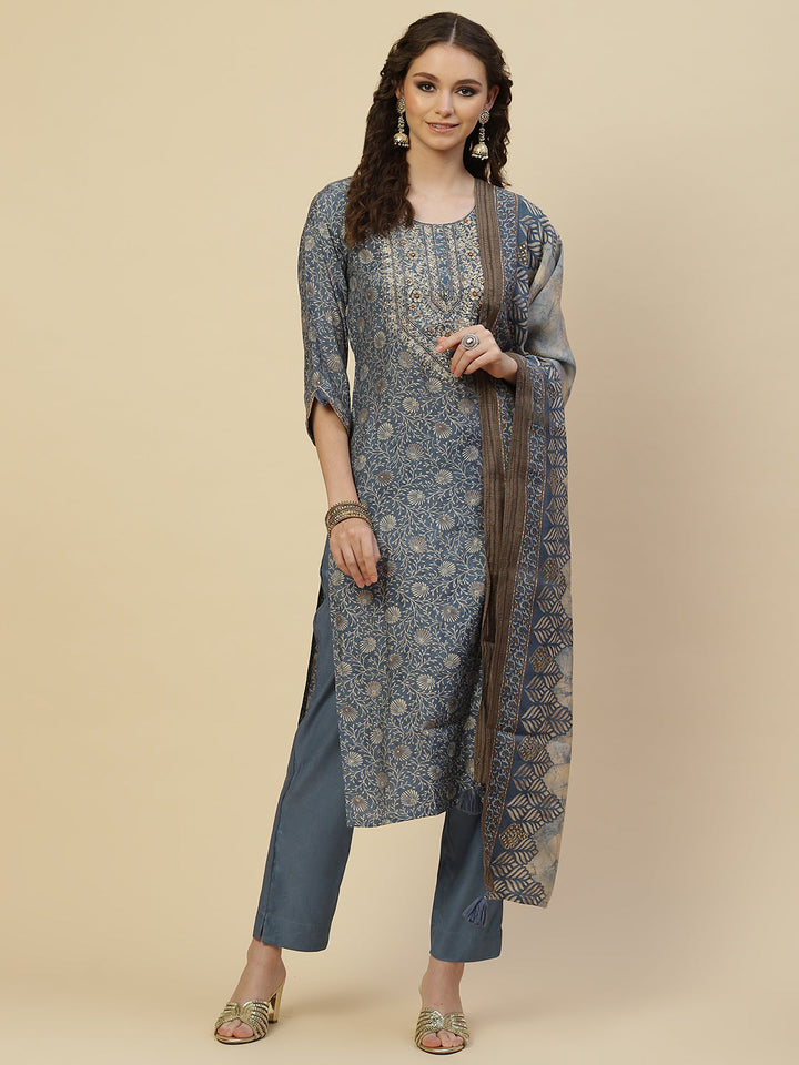 Floral Printed Cotton Kurta With Pants &amp; Dupatta