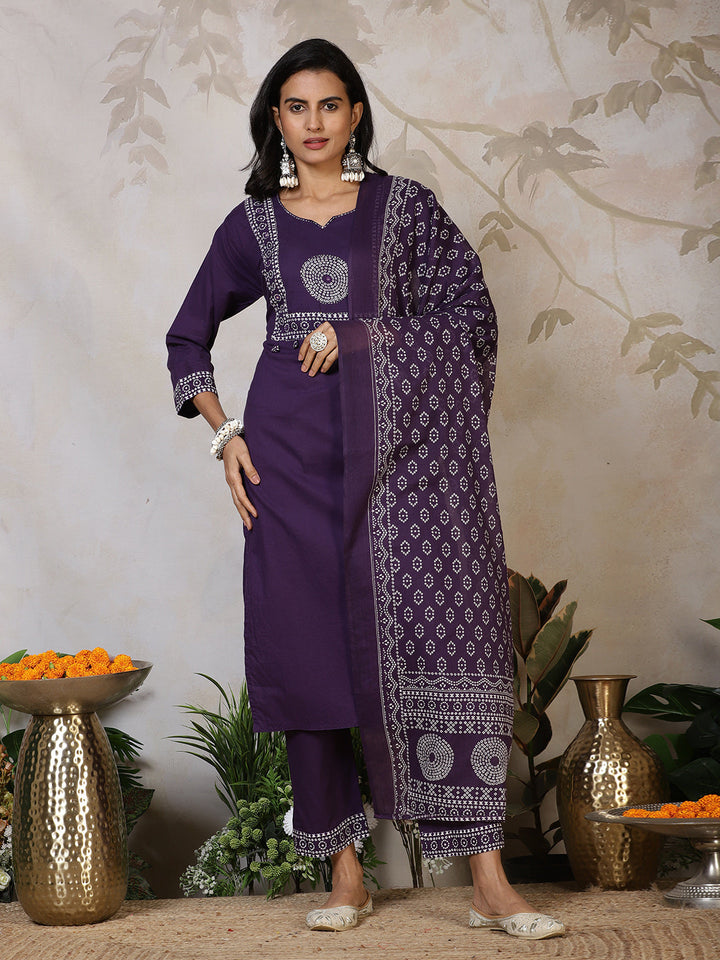 Printed Cotton Blend Kurta With Pants &amp; Dupatta