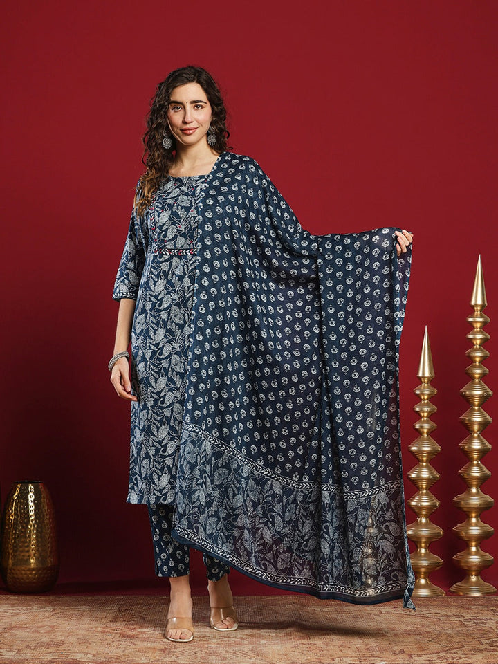 Printed Cotton Kurta With Pant &amp; Dupatta