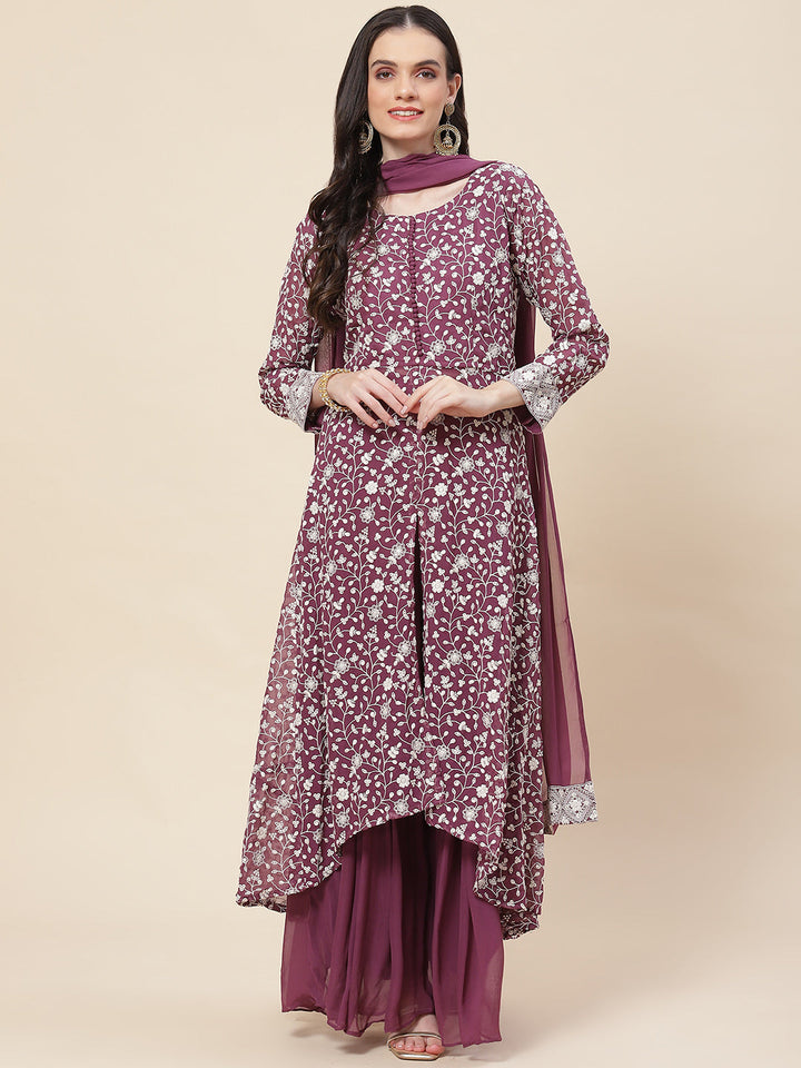 Embroidered Georgette Kurta With Palazzo &amp; Dupatta
