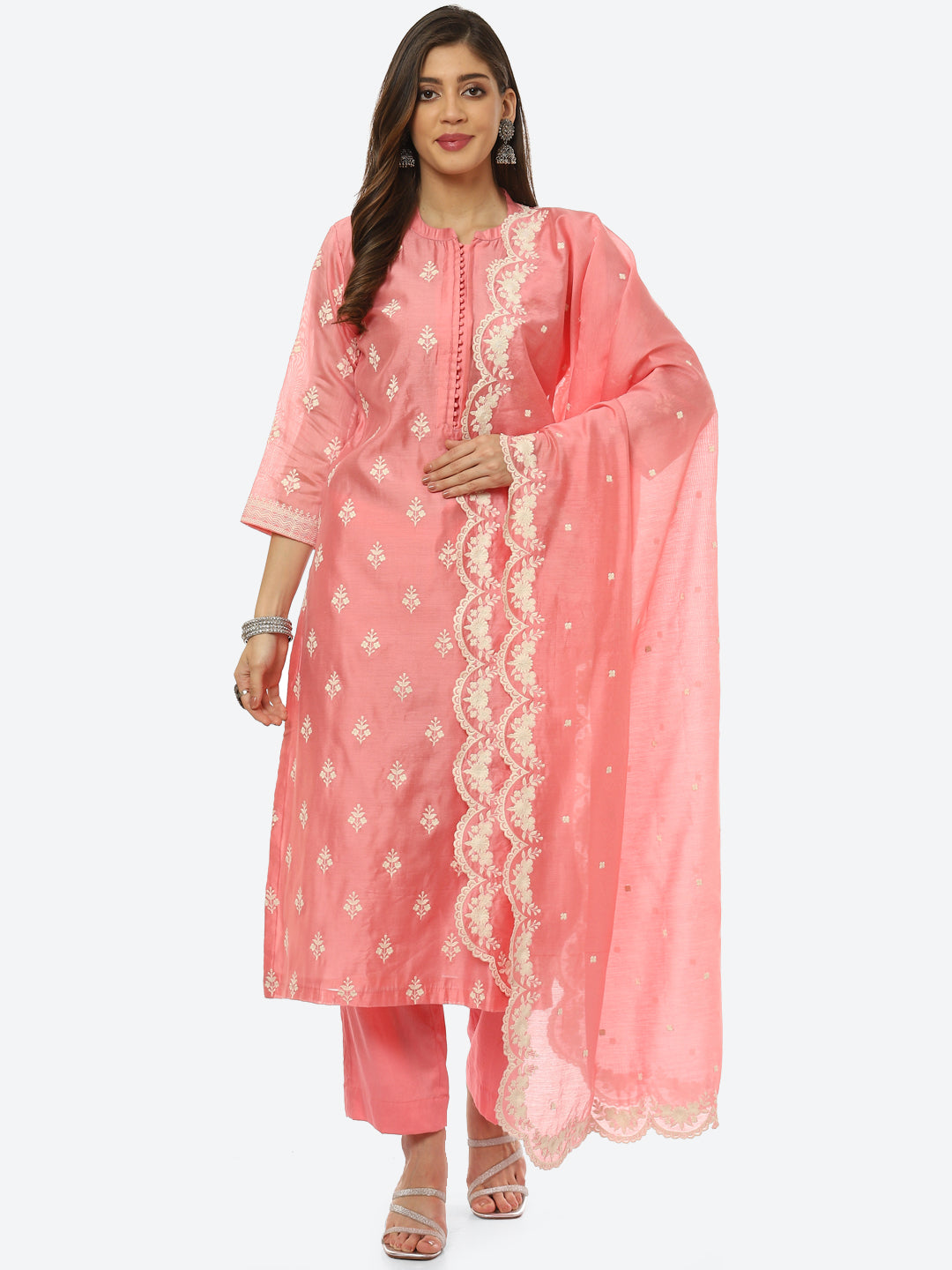 Resham Booti Cotton Kurta With Pant &amp; Dupatta