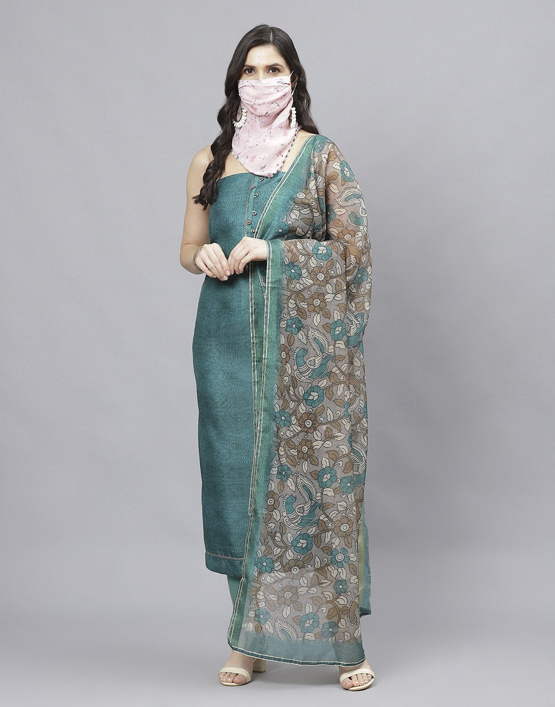 Embroidered Chanderi Suit Piece With Printed Chanderi Dupatta And Scarf