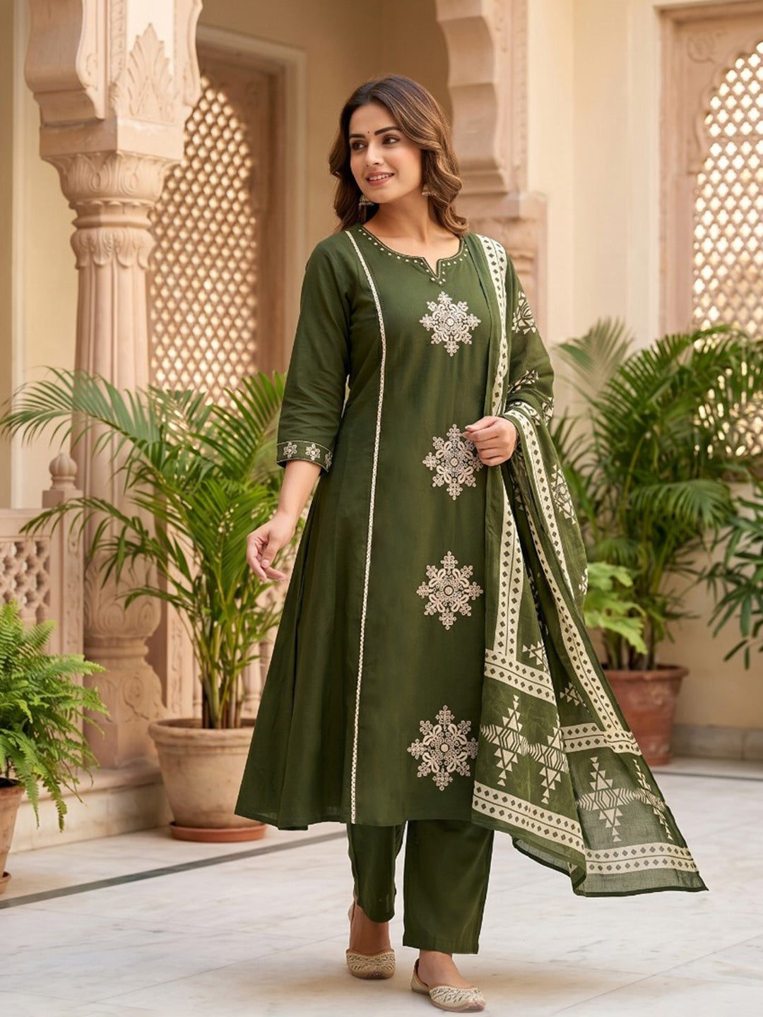 Neck Embroidered Cotton Blend Kurta With Pant &amp; Dupatta