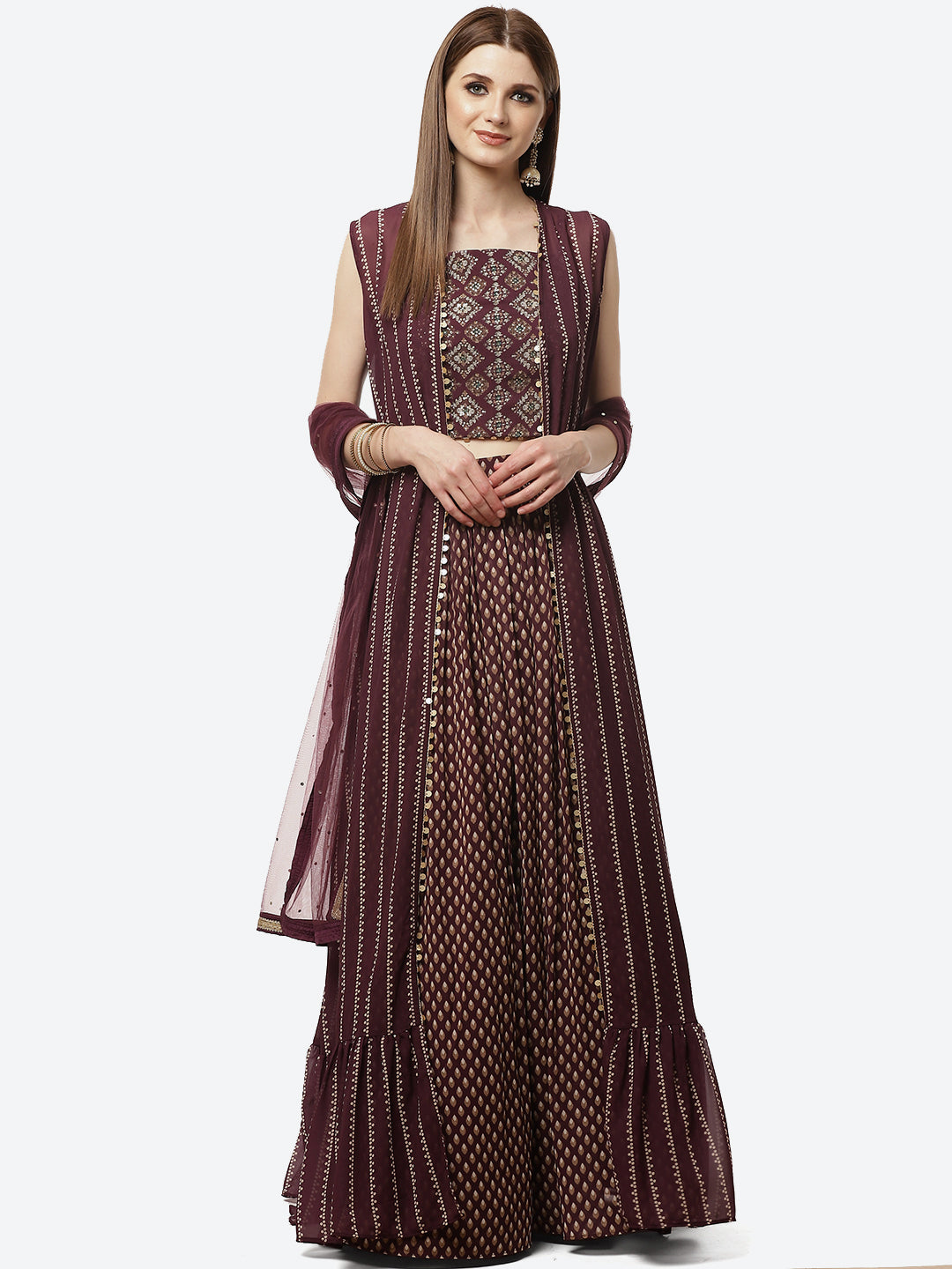 Paisley Printed Crepe Jacket With Lehenga Choli And Net Dupatta