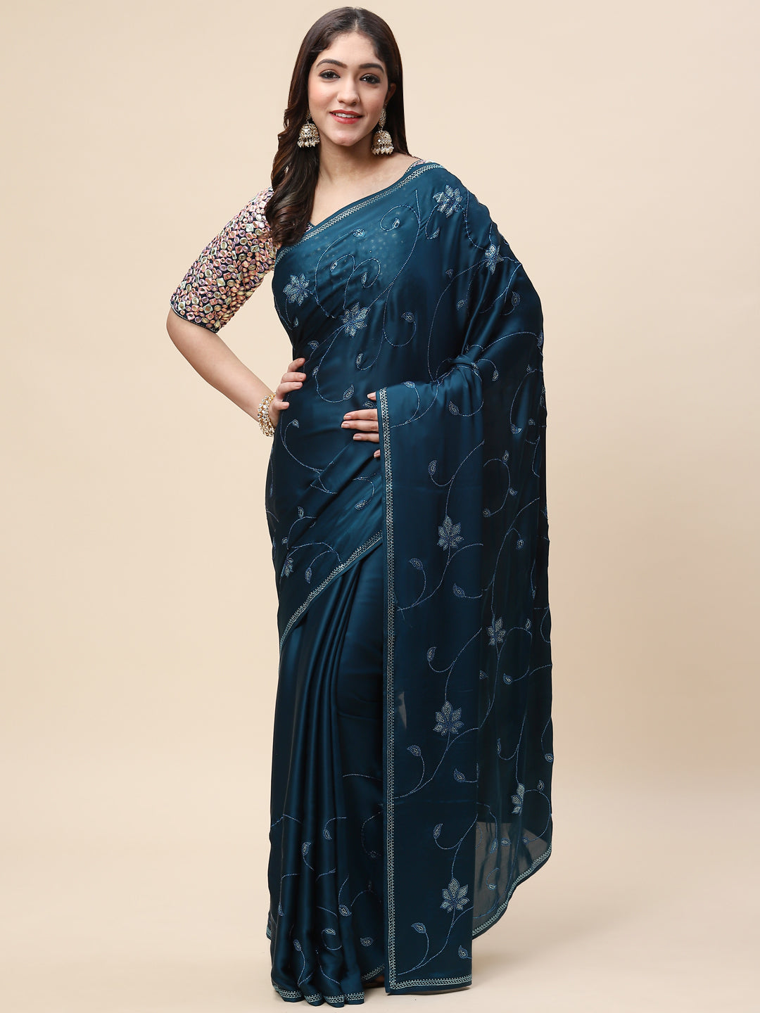 Stone Jaal Embroidered Satin Saree