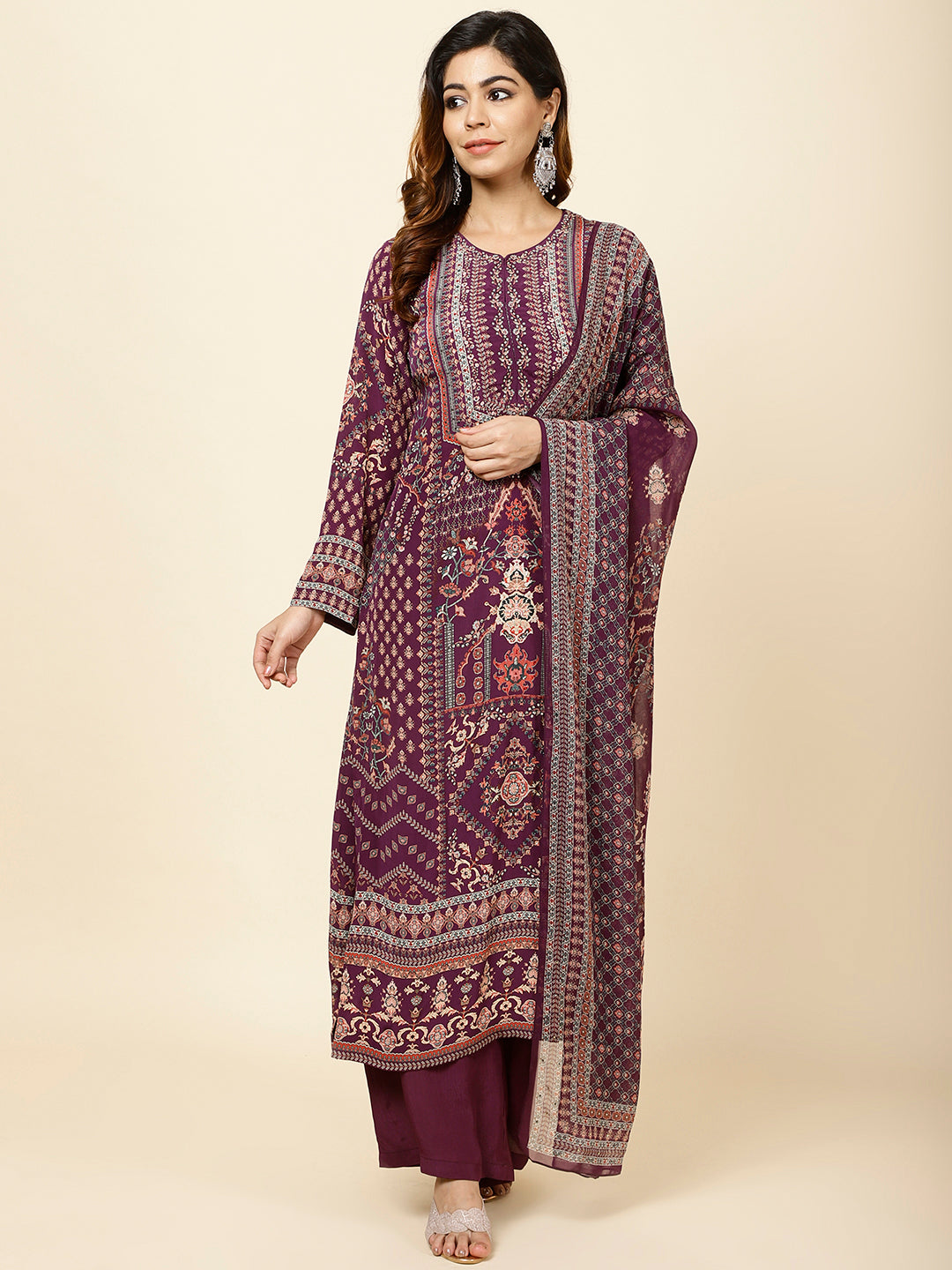 Digital Printed Crepe Kurta With Palazzo &amp; Dupatta