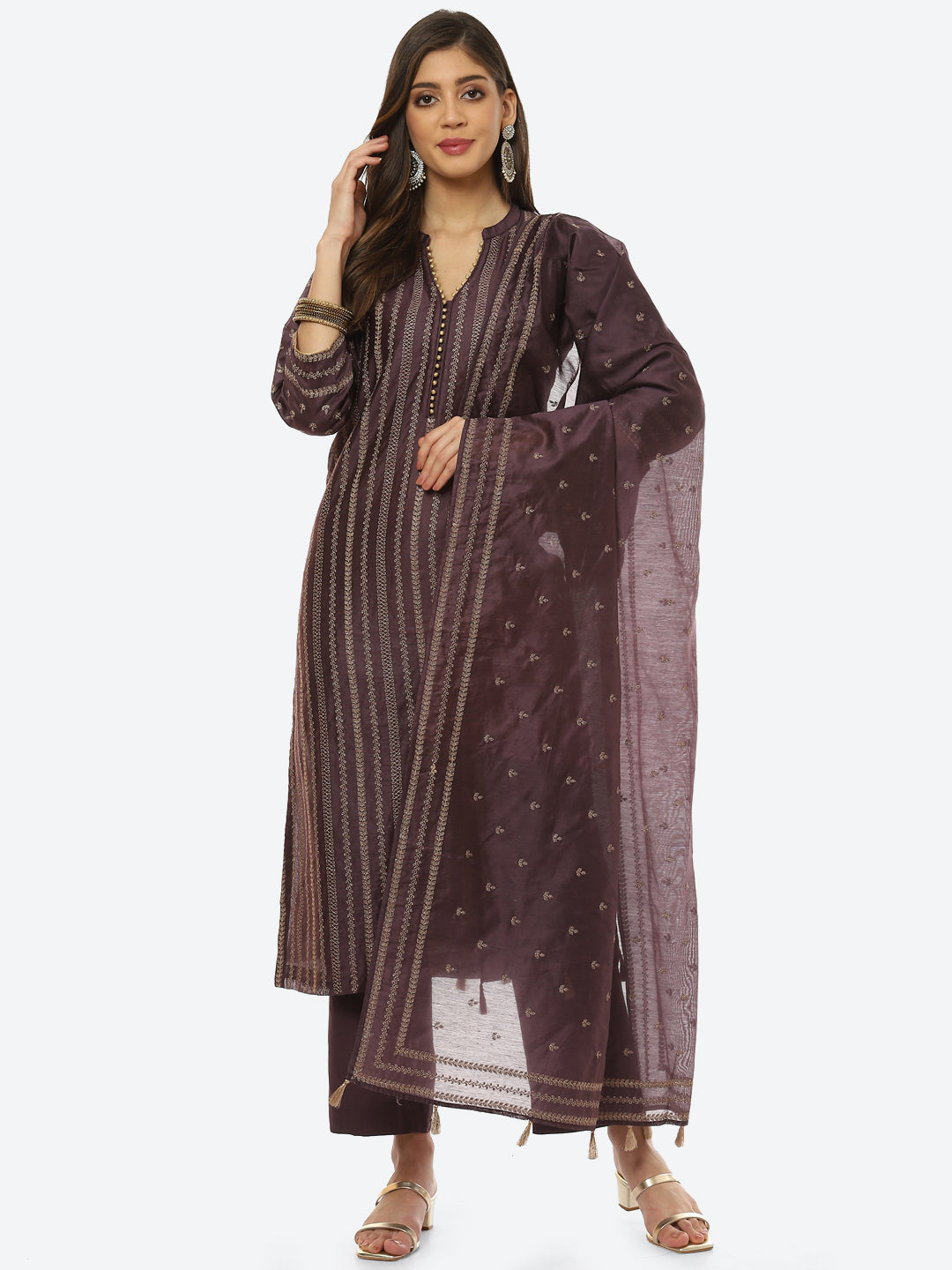 Resham Embroidered Booti Border Chanderi kurta With Pant &amp; Dupatta