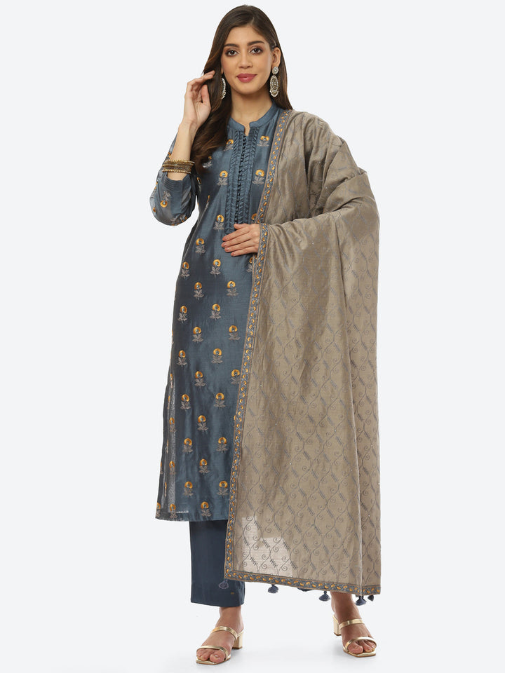 Resham Booti Cotton Kurta With Pant &amp; Dupatta