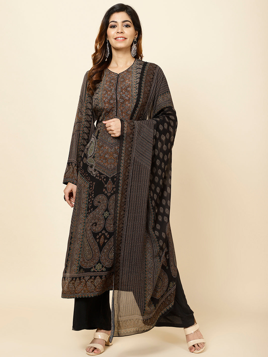 Digital Printed Crepe Kurta With Palazzo &amp; Dupatta
