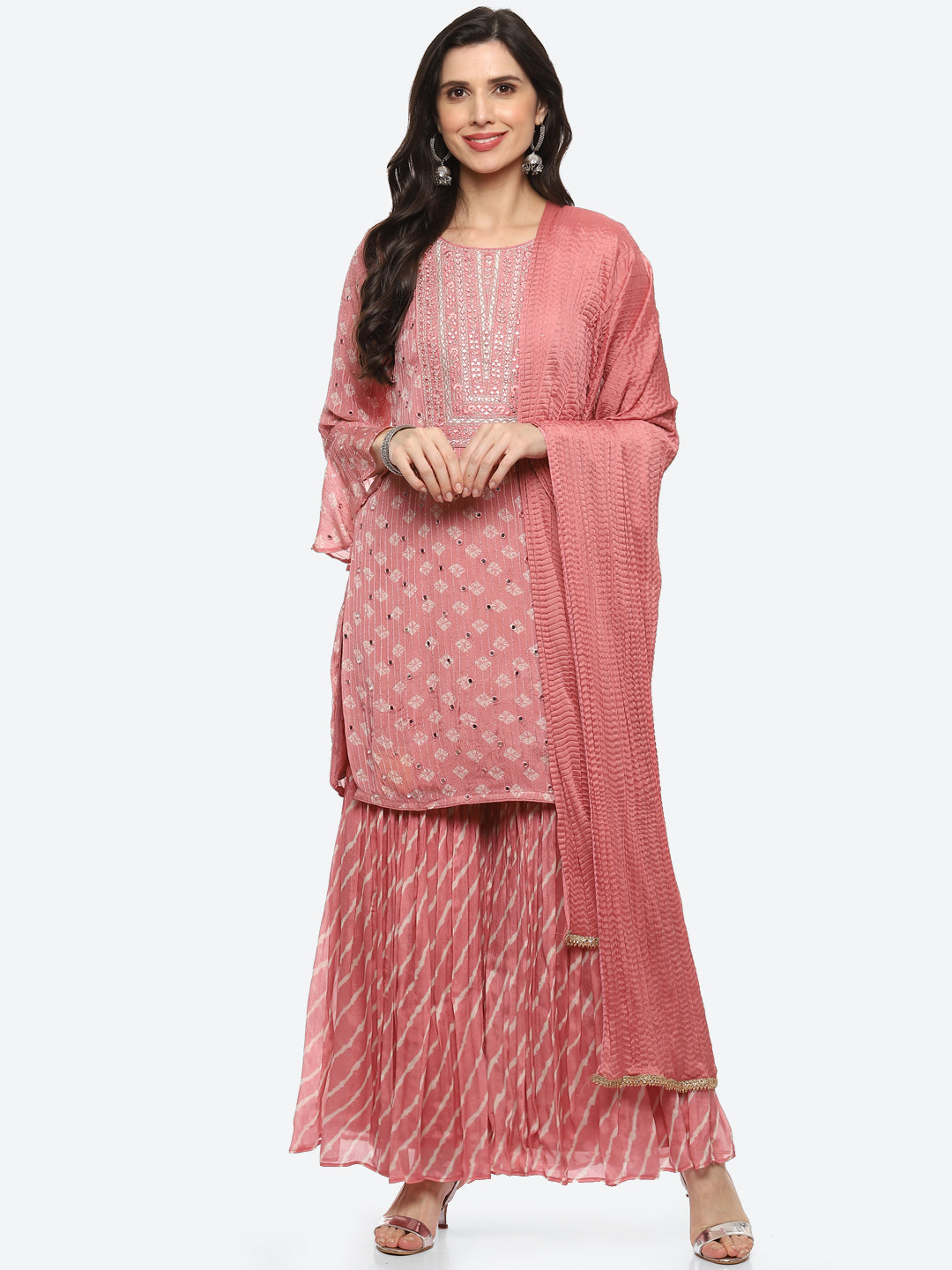 Resham Mirror Booti Crepe Kurta With Garara &amp; Silk Dupatta