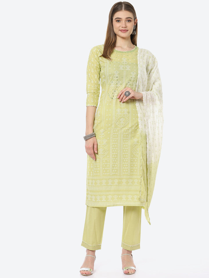 Bandhani Mirror Work Cotton Kurta With Pant &amp; Cotton Dupatta