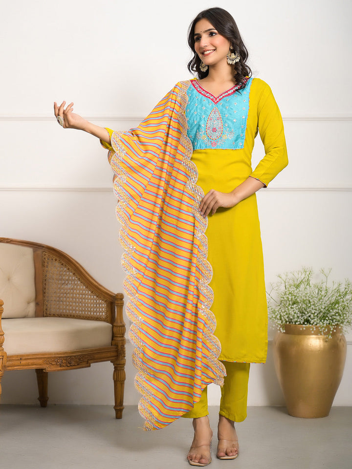 Neck Embroidered Muslin Kurta With Pants &amp; Dupatta