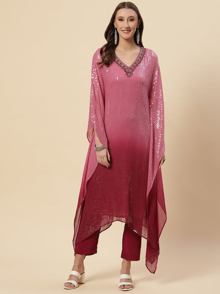 Sequin Embroidered Georgette Kaftan Kurta With Pants