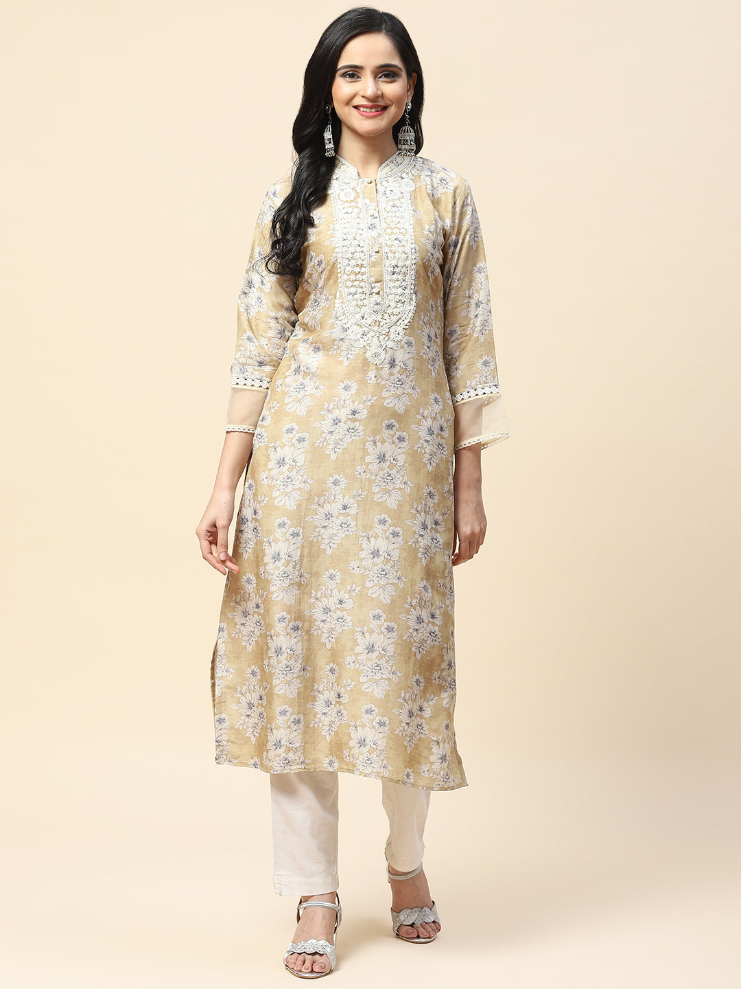 Printed With Resham Neck Embroidered Cotton Kurta