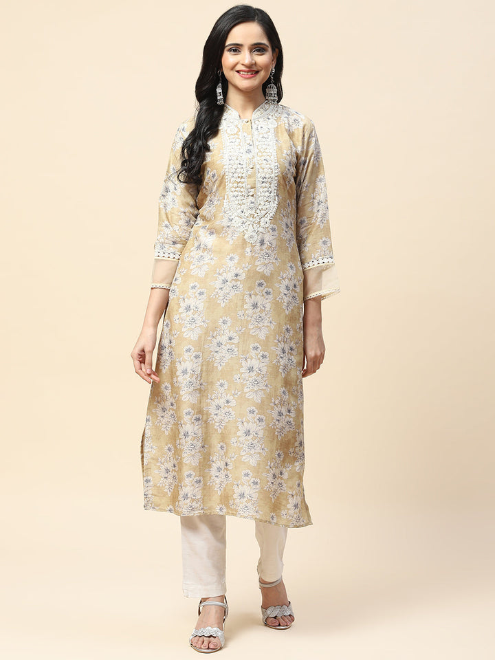 Printed With Resham Neck Embroidered Cotton Kurta