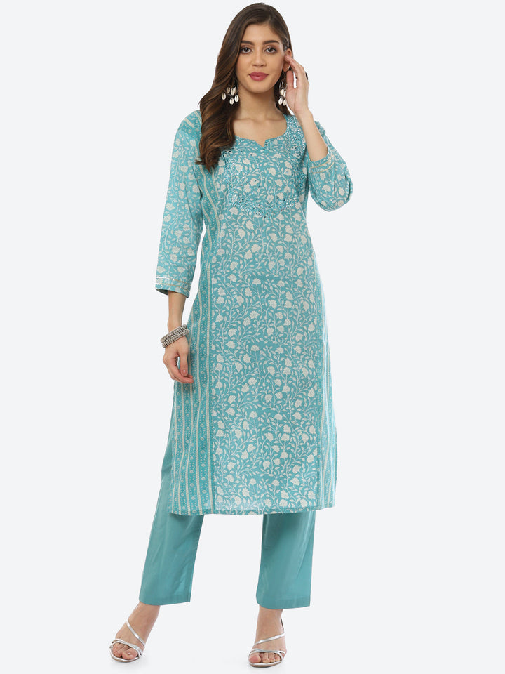 Mirror Work Printed Cotton Kurta With Pant