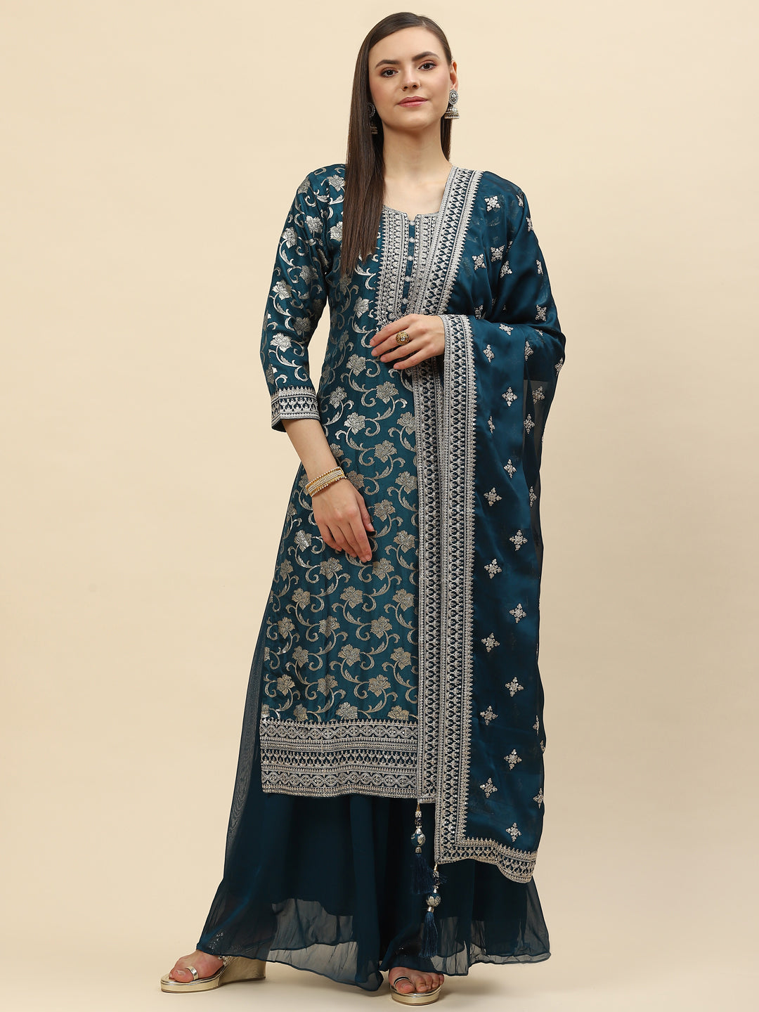 Zari Jaal Handloom Kurta With Palazzo &amp; Dupatta