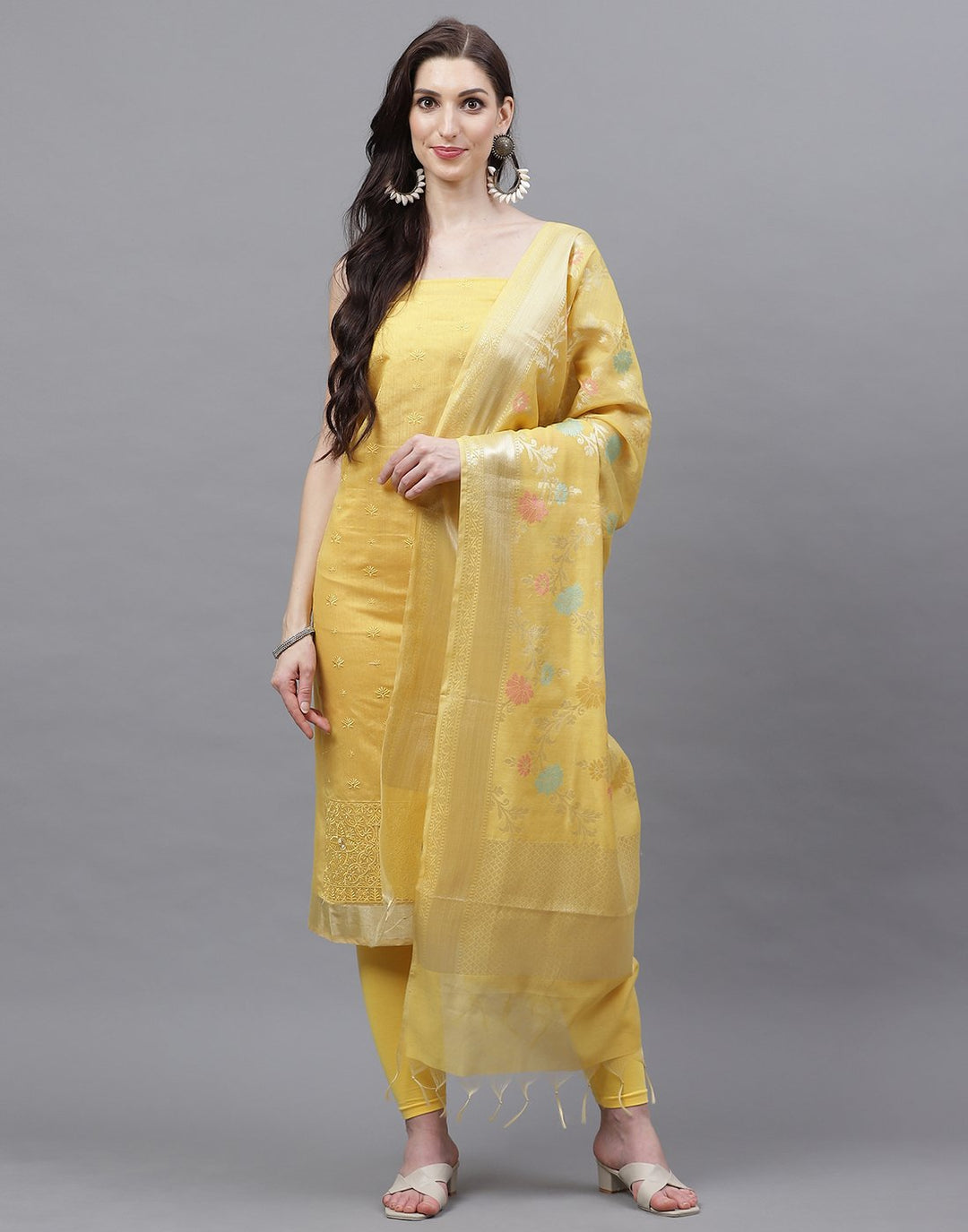 Chanderi Embroidered Suit Piece with Banarasi Dupatta
