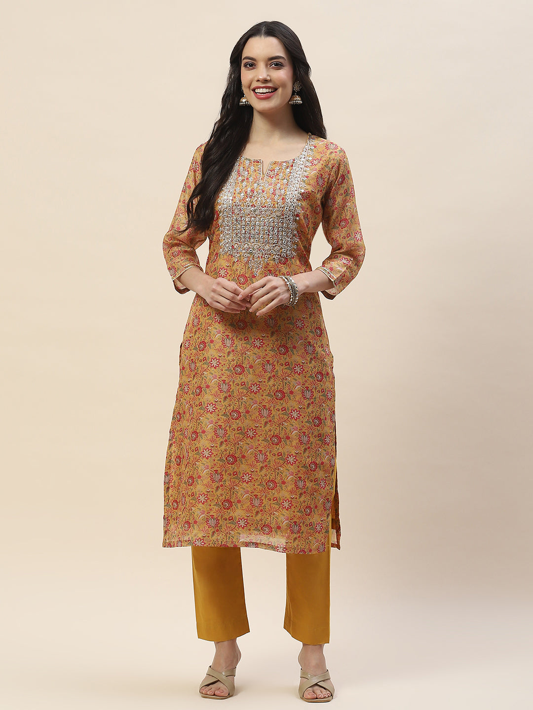 Printed Chanderi Kurta With Pants