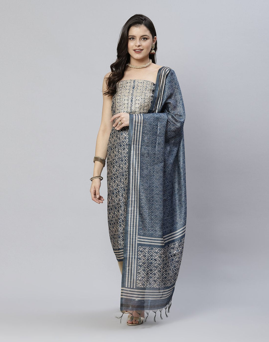Printed Chanderi Suit Piece With Embroidered Yoke