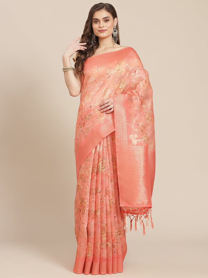 Digital Floral Printed Banarasi Pallu Cotton Chanderi Saree
