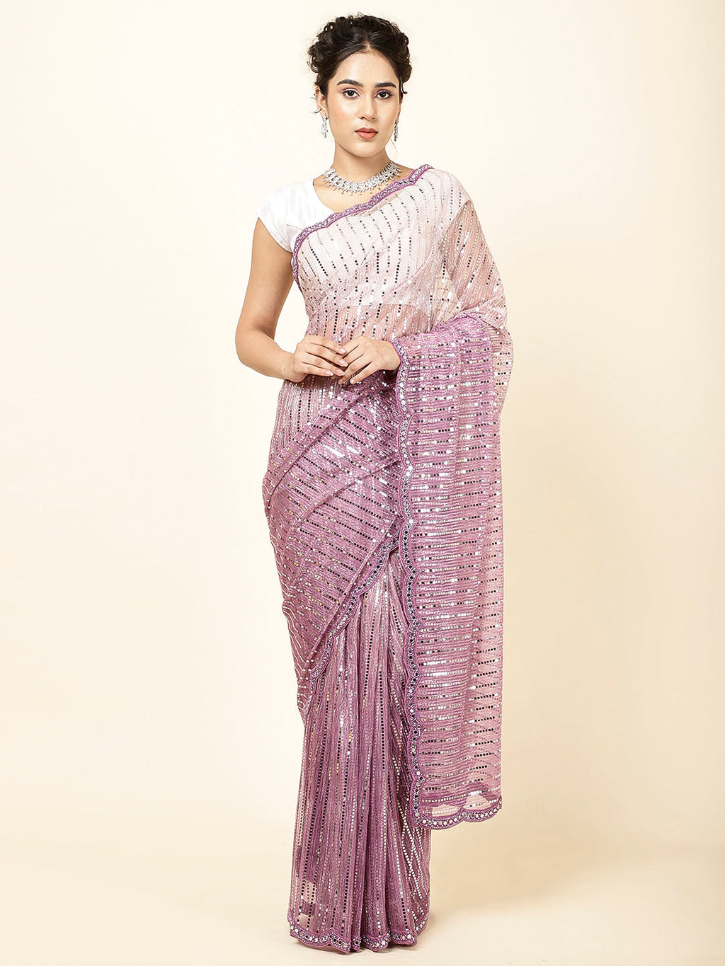 Mirror Work Embroidered Net Saree