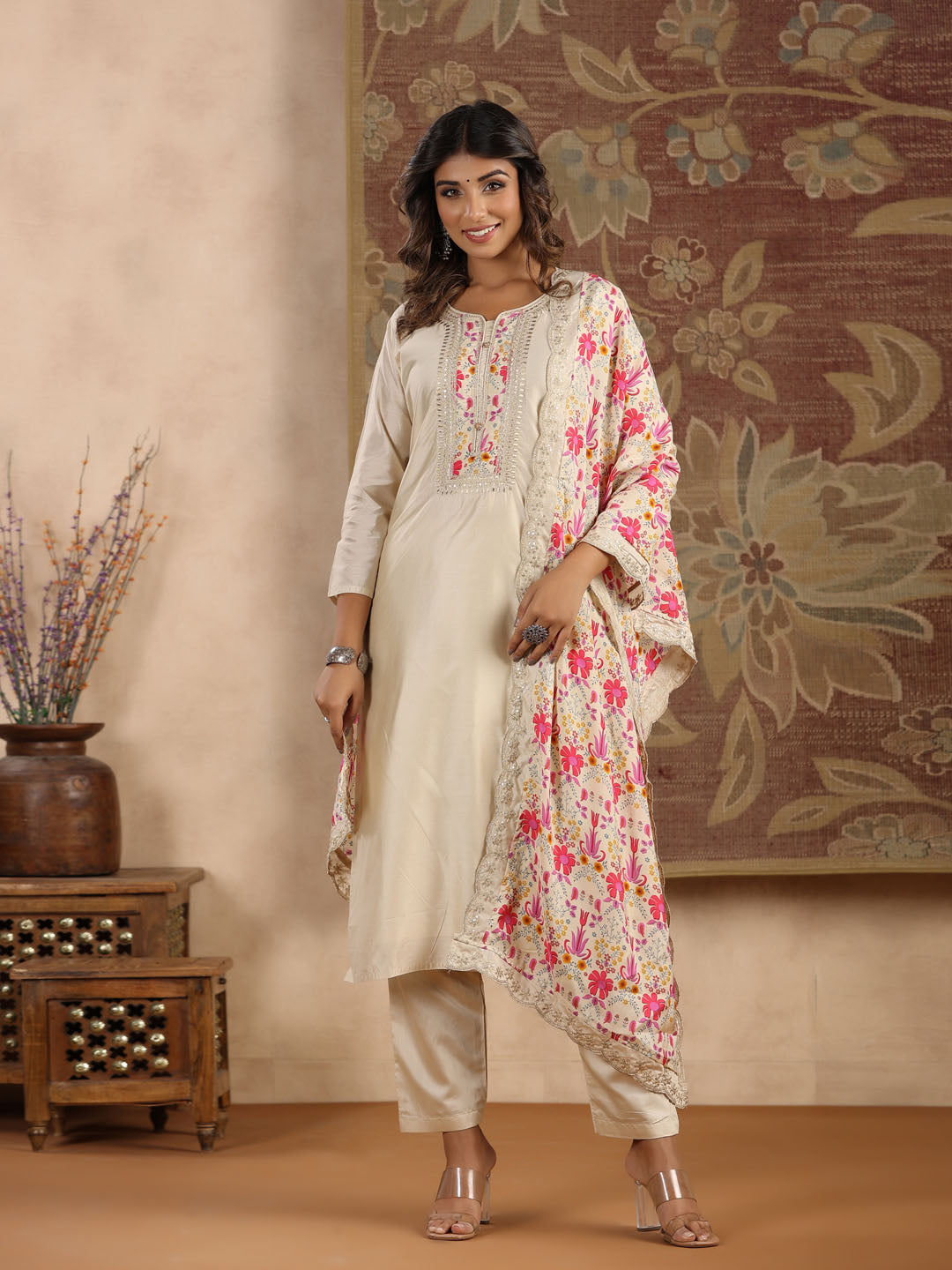 Neck Embroidered Chanderi Kurta With Pants &amp; Dupatta