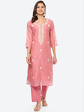 Resham Zari Neck Embroidered Chanderi Kurta With Pant