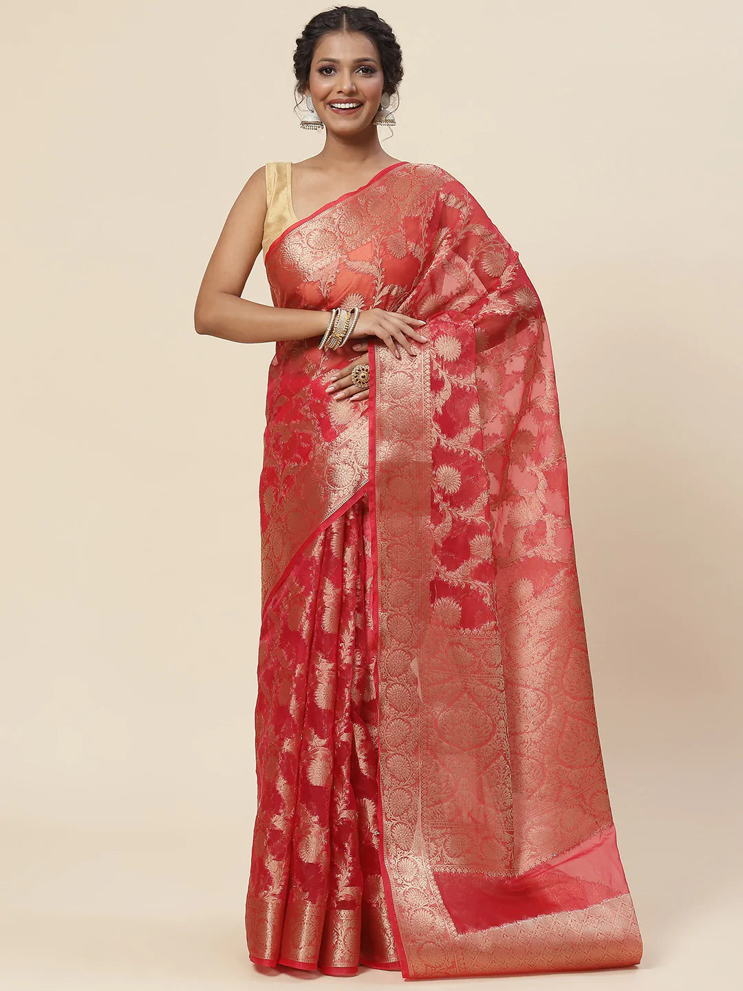 Floral Zari Jaal Organza Plain Saree