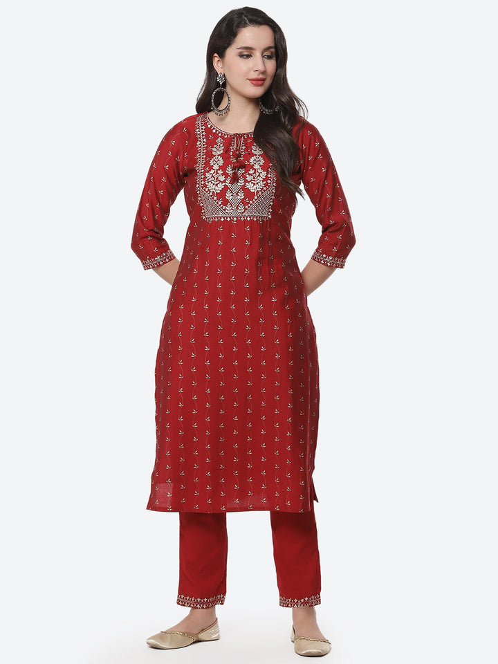 Embroidered Printed Cotton Kurta With Pant