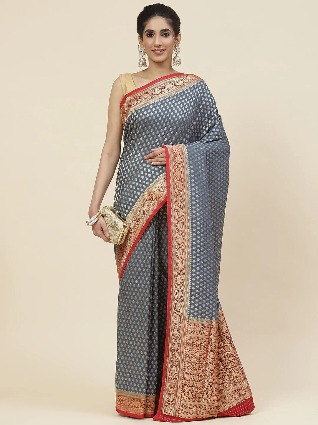 Zari Booti Crepe Plain Saree