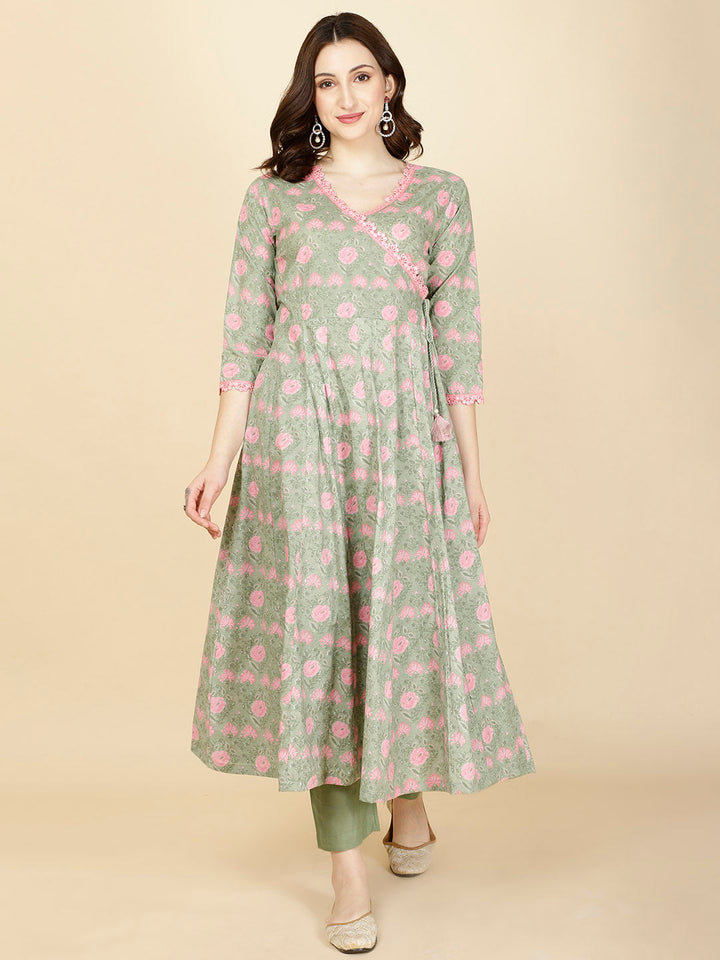 Floral Printed Cotton Anarkali Kurta With Pants